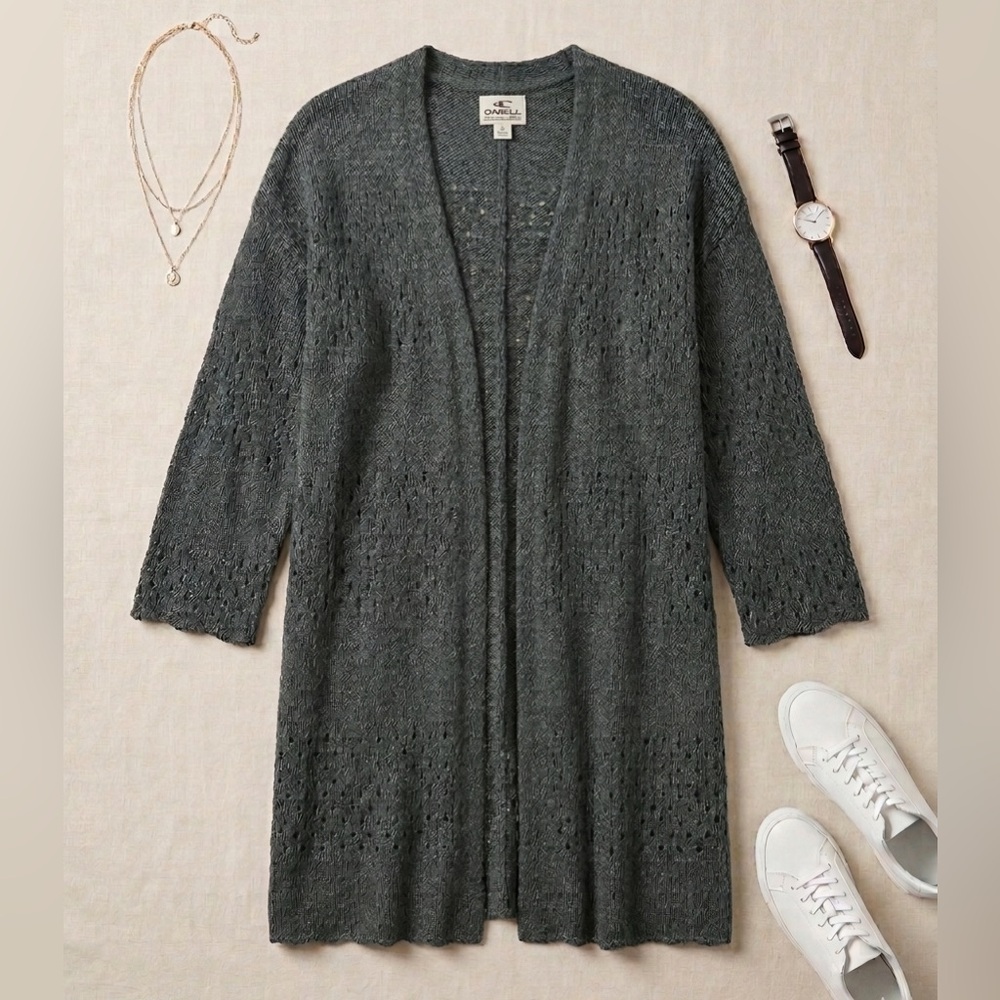 ONEILL Women’s Beachy Charcoal Open Knit Duster Coastal Boho Layering Cardigan
